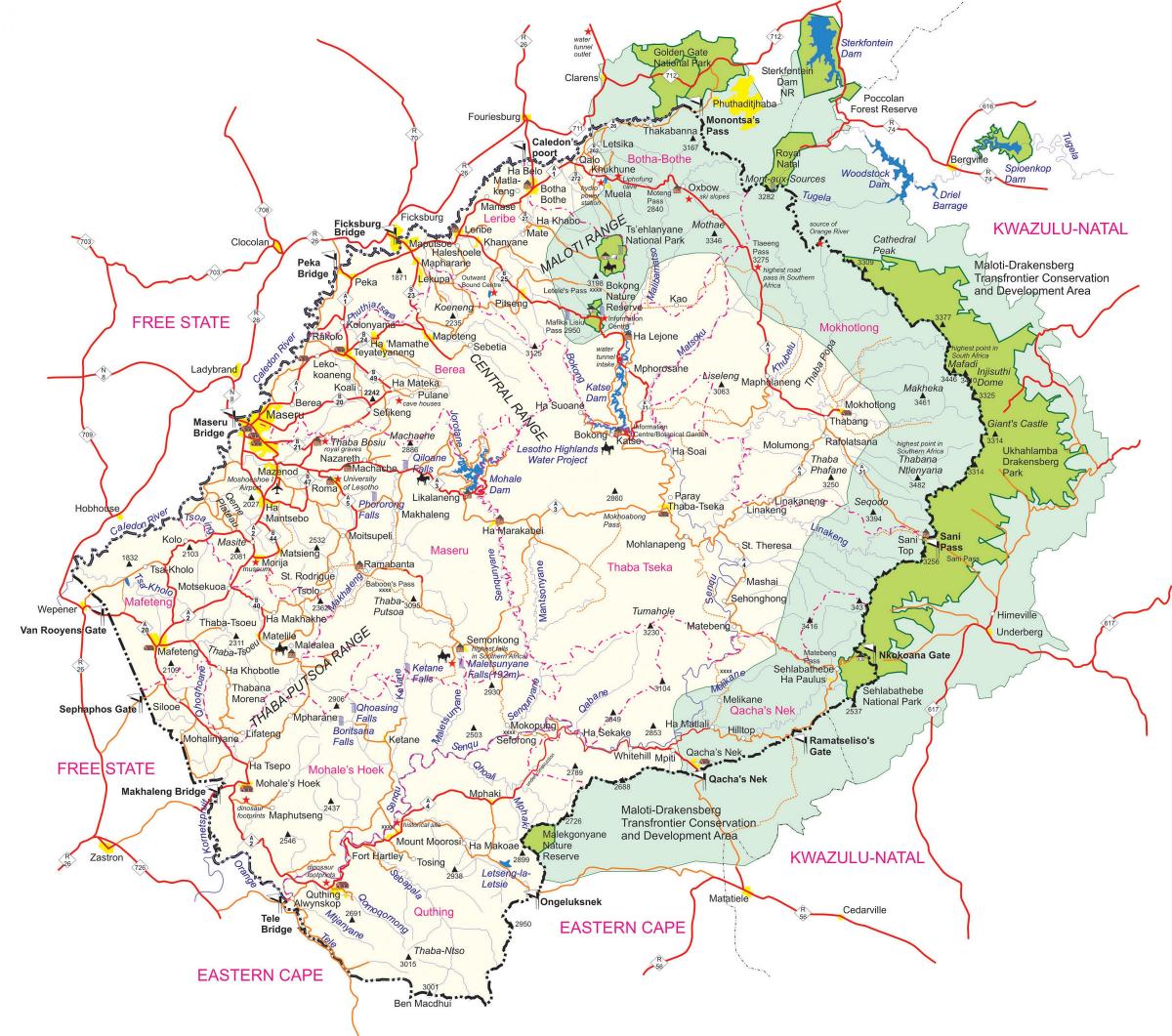 karta je detaljna karta Lesoto